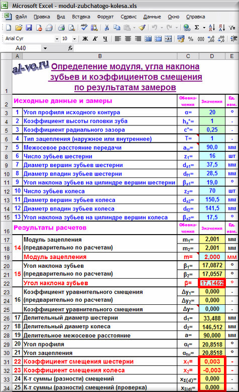 Таблица Excel с расчетом косозубой передачи №2